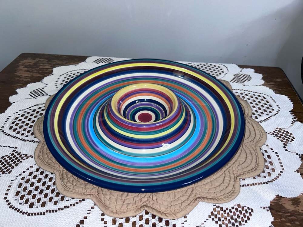 Tabletops Unlimited Havana Colorful Striped Hand Painted Chip & Dip Bowl Platter